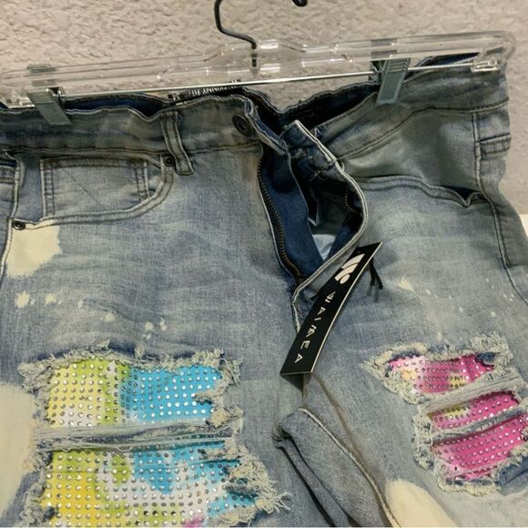 Men's 34x32 Waimea Blue Distressed Ripped rhinestone Skinny Fit Jeans - Picture 6 of 11